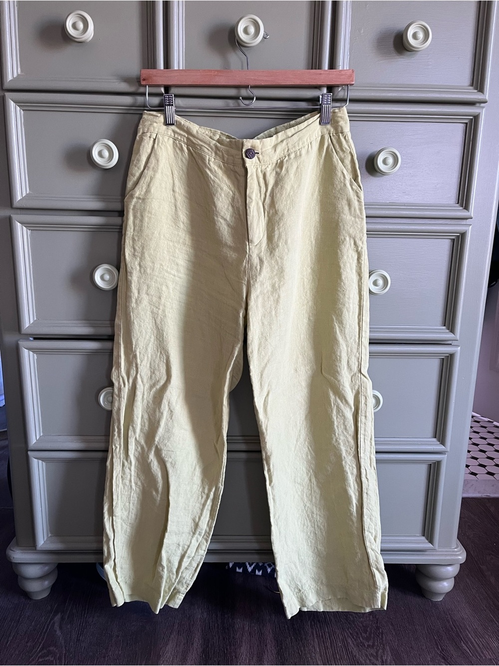 Bright Yellow/Green Linen-Blend Casual Pants